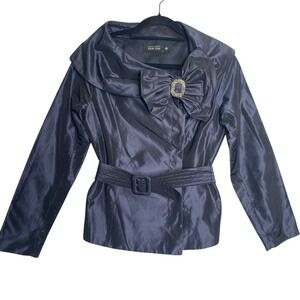 Teri Jon 100% Silk Blue Evening Cocktail Blazer Jacket Rhinestone‎ Accent Sz 6